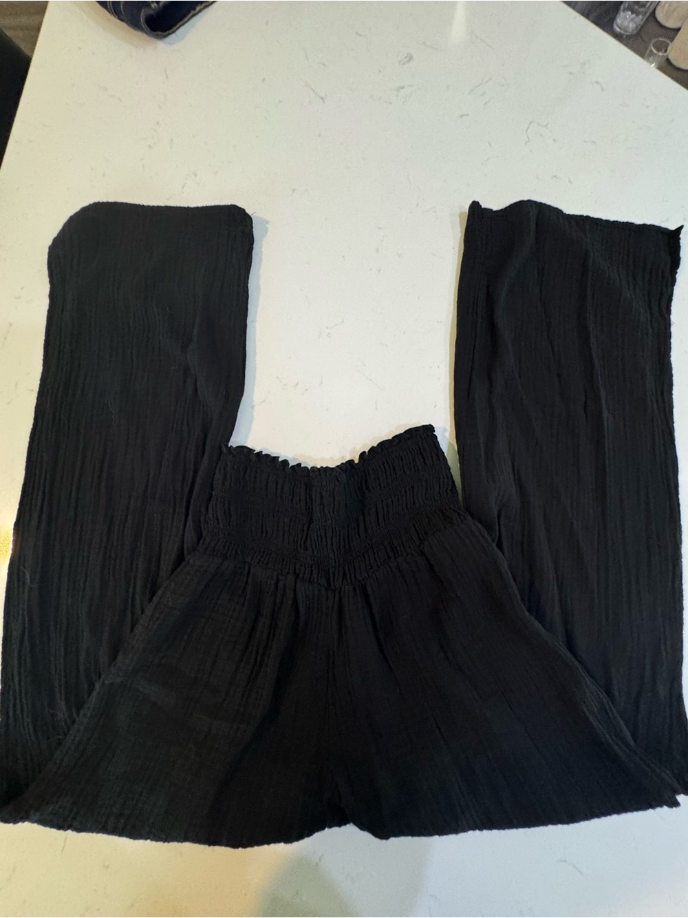 Black Smocked Waist Wide-Leg Bottoms